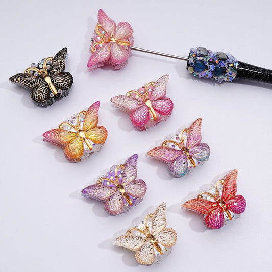 Vivid Butterfly Clay Beads with Gold Stripes, AB Crystals, Mini Floral Accents & Clear Flowers, Approx. 38x23MM