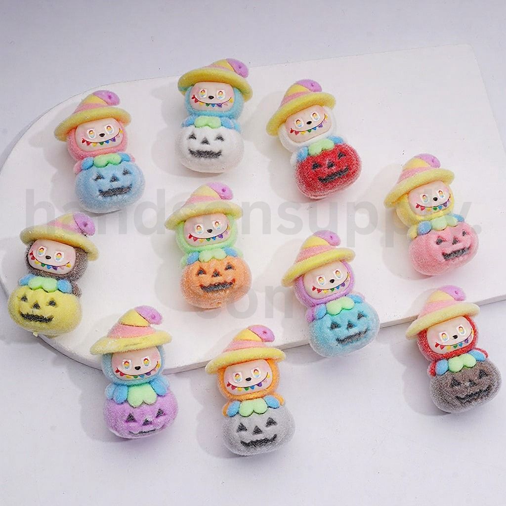Cute Halloween Pen Topper Flocked Labub with Magic Hat on Ghost Face Pumpkin Acrylic Beads 44*28MM Random Mix