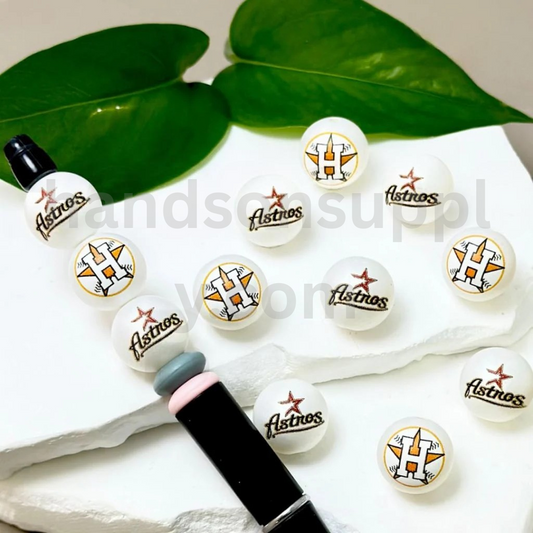 Houston Astros Baseball Theme 16MM Frosted White Round Acrylic Beads Random Mix