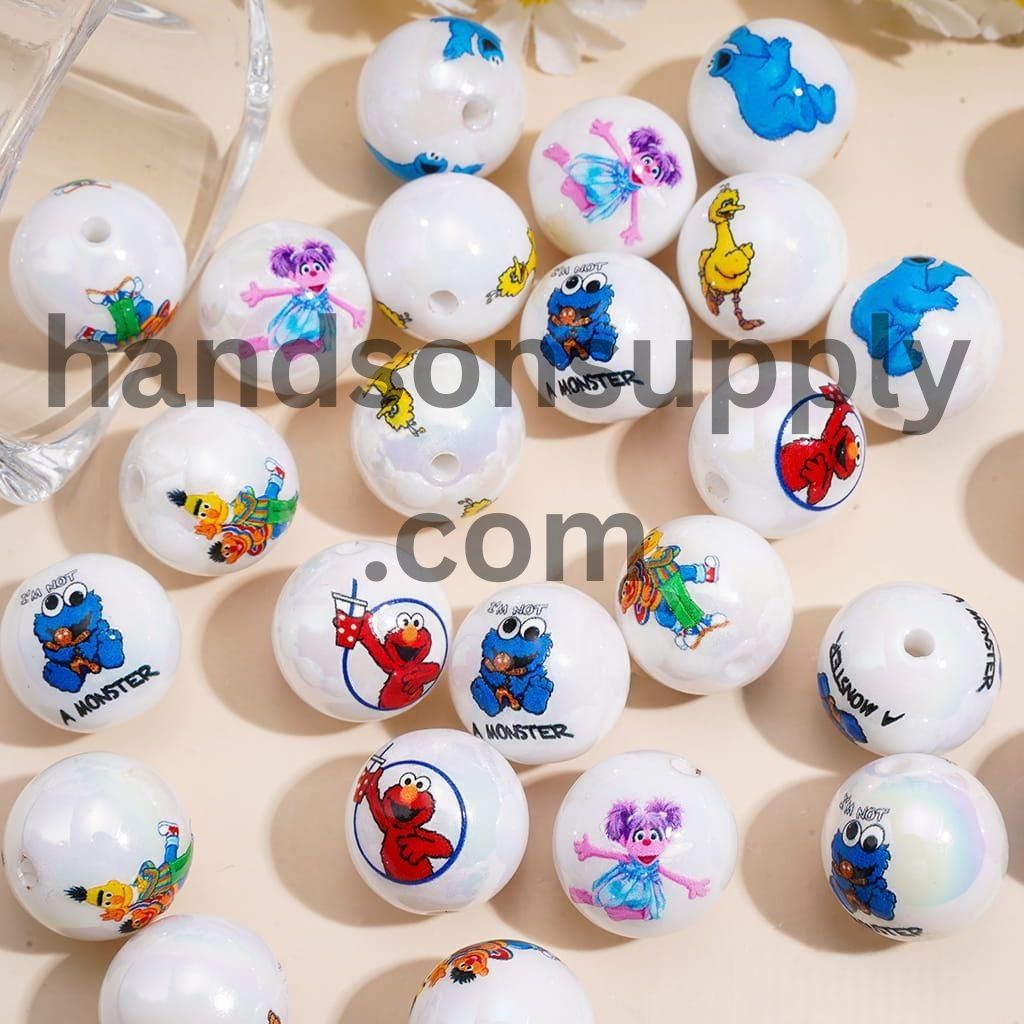 Adorable Classic Puppet Character Series UV Coated Printed Round Acrylic Beads for Bracelets, 16MM, Random Mix