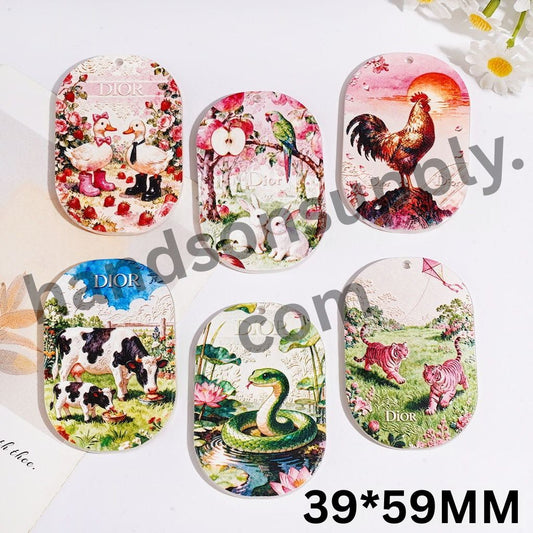Country Animal Series with Cow, Tiger, Duck, Rabbit, Snake & Rooster Flat Rounded Rectangle Acrylic Pendants, 39*59MM, Random Mix