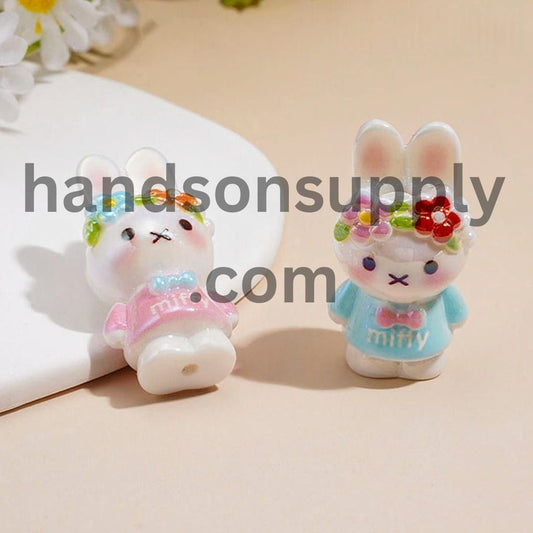 UV Coated Classic Bunny Character with Colorful Floral Crown Headband, Assorted Color Clothing Acrylic Beads, 38MM Height, Random Mix