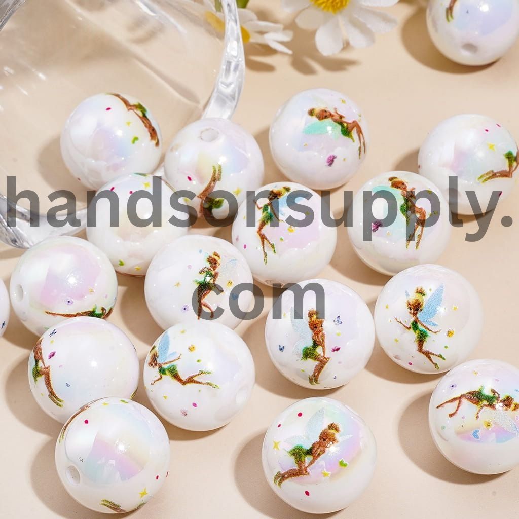 UV Coating Flying Fairy Character Prints on Round Acrylic Beads for Bracelets 16MM Random Mix