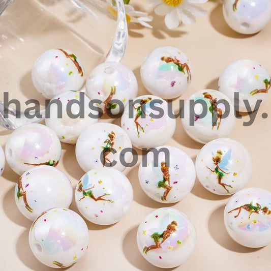 UV Coating Flying Fairy Character Prints on Round Acrylic Beads for Bracelets 16MM Random Mix