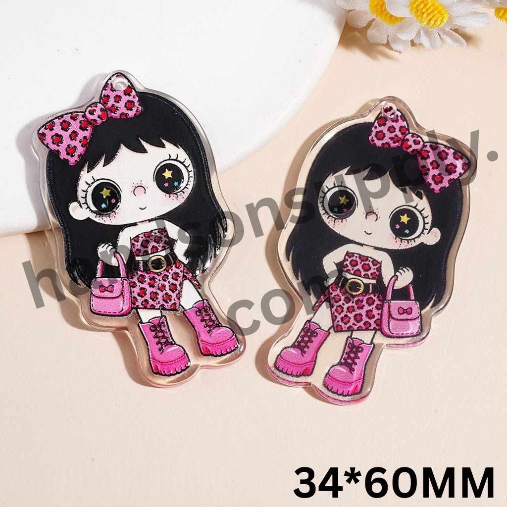 Cute Big-Eyed Girl in Pink Leopard Outfit with Handbag, Single-Sided Print Acrylic Pendants, 34*60MM, Clear