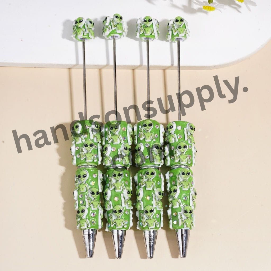 Cute Green Alien with Big Black Eyes Making Funny Gesture Beadable Clay Pens with AB Rhinestones