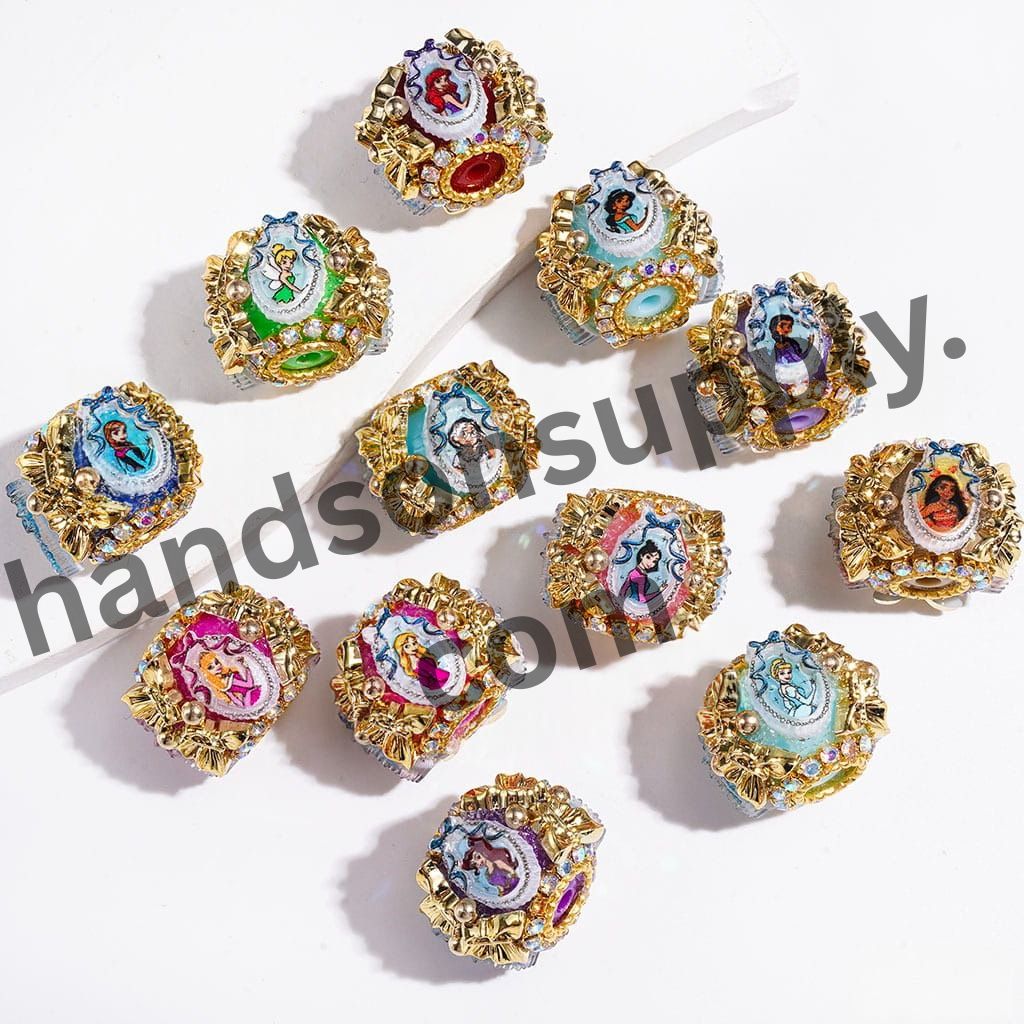 Elegant Classic Princess Character with Oval Mirror, Gold Butterfly, AB Rhinestones, and Gold Ball Chains Handmade Acrylic Beads, 20MM, Random Mix