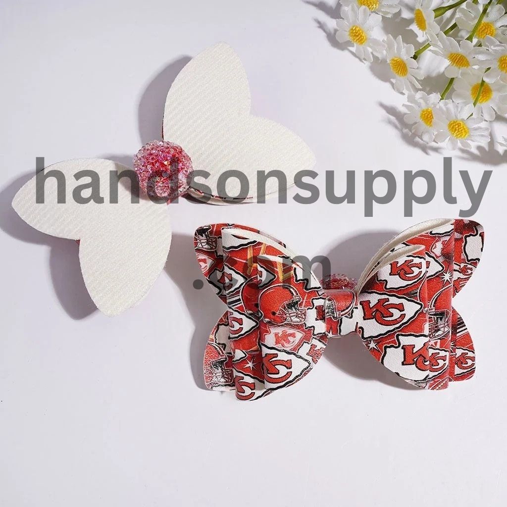 Sporty USA Football Team Pattern Printed Fabric Bowtie with Sparkling AB Rhinestone & Clear Ball Chains Acrylic Sugar Beads