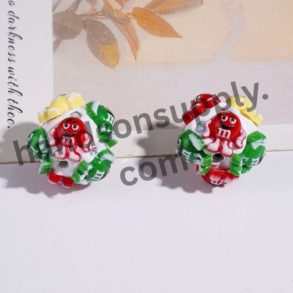 Cute Christmas Red, Green, Yellow & Orange Chocolate Candy Characters Series Clay Beads with AB Rhinestones, 19MM