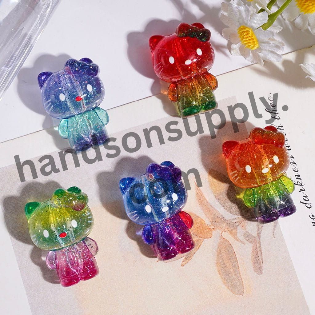 Cute Cat Character with Shimmering Gold Foil Paper & Tri-Color Gradient, Semi-Clear Acrylic Beads, 27MM, Variant Designs, Random Mix