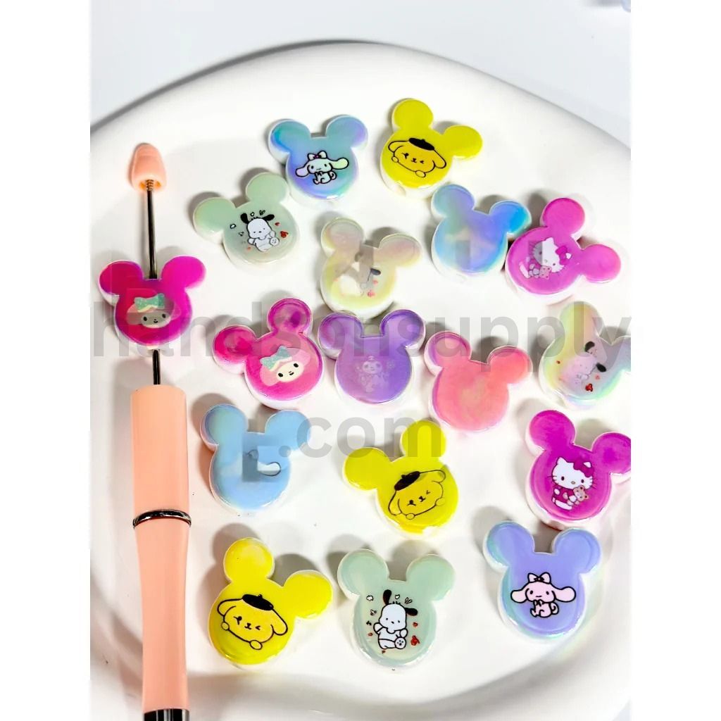 Whimsical Micky Head Acrylic Beads with Cute Sanri Cartoon Prints, Random Mix, 25MM by 24MM