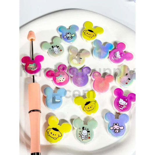 Whimsical Micky Head Acrylic Beads with Cute Sanri Cartoon Prints, Random Mix, 25MM by 24MM
