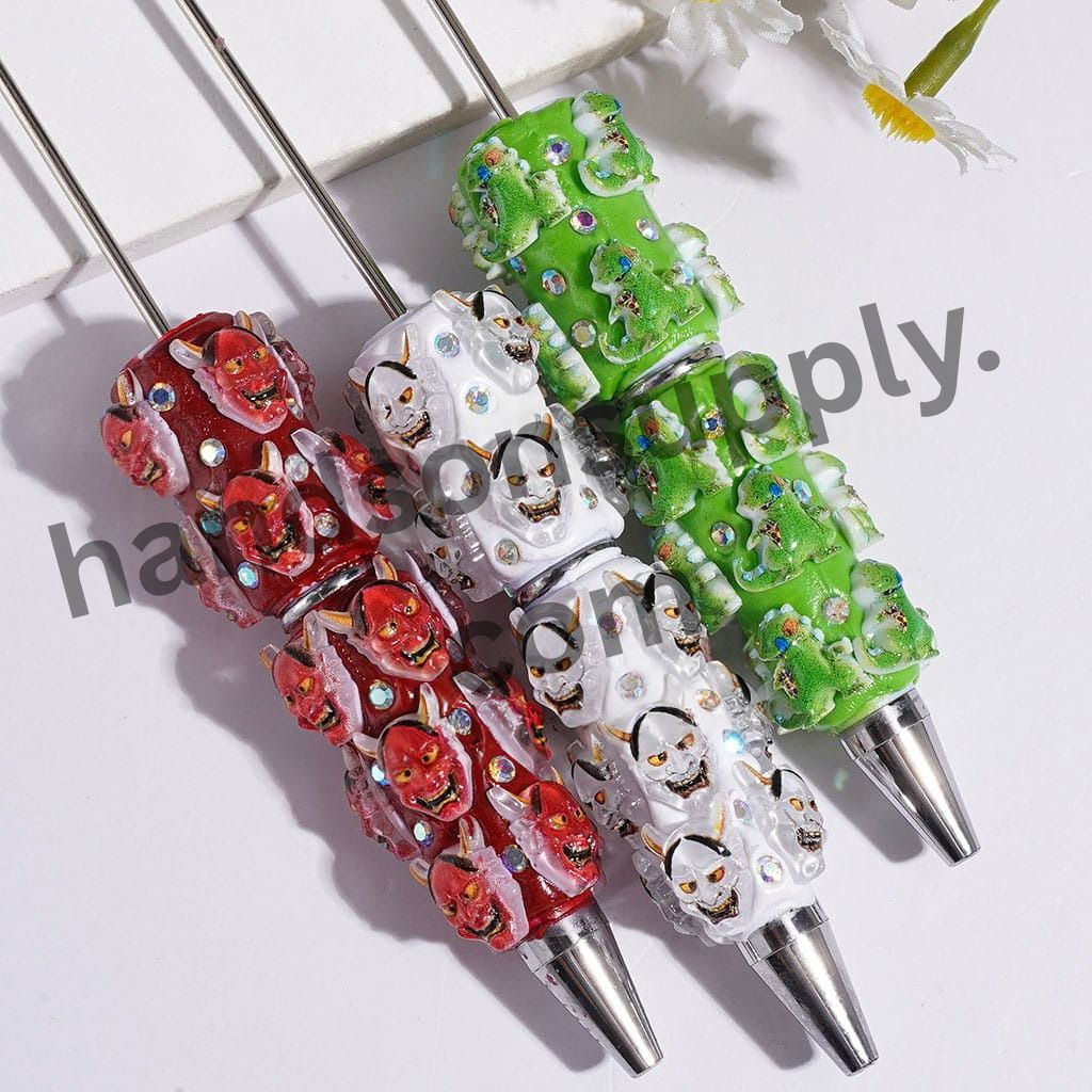 Halloween Demon Skull Ghost Mask and Green Dinosaurs Beadable Clay Pens AB Rhinestones, Multi-Color