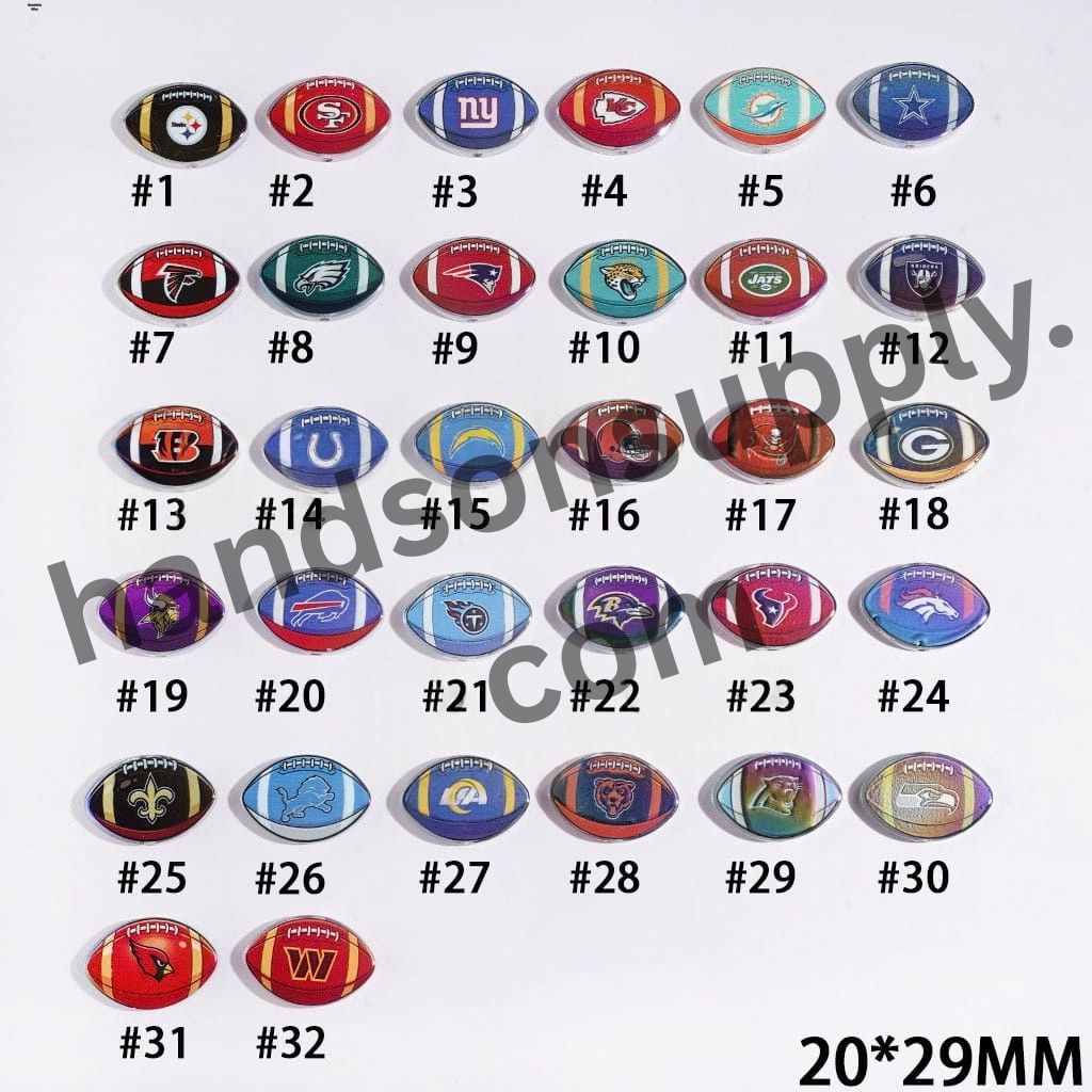 UV-Coated American Football Shape Acrylic Beads, Assorted Team Designs, 20-29MM, Random Mix