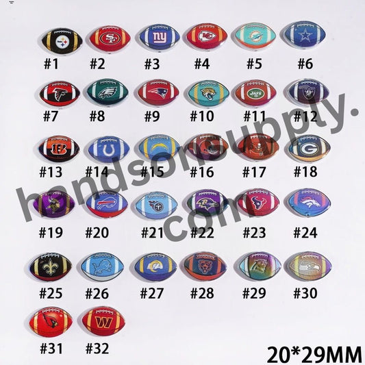 UV-Coated American Football Shape Acrylic Beads, Assorted Team Designs, 20-29MM, Random Mix