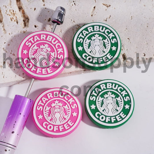 Pink & Green Coffee Café Theme Flat Round Shape Silicone Focal Beads