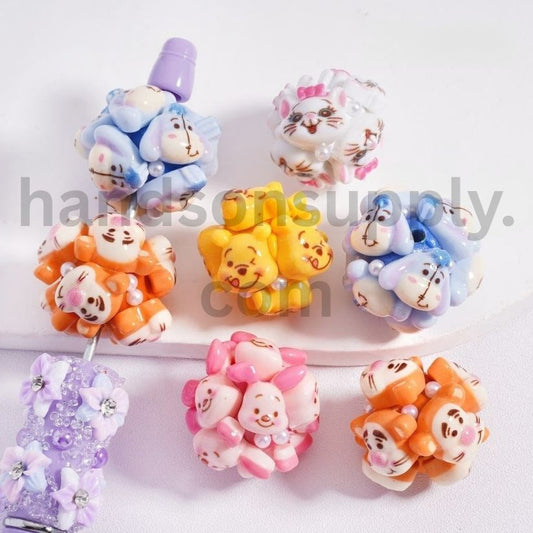 Cute Cartoon Winni the Poo, Piglet, Eeyore, Tigger & Marie Character Face with White Pearls Clay Beads