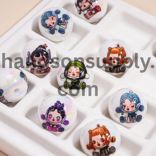 UV Coated Fashionable Baby Girl Listening to Music Prints on Round Acrylic Beads 16MM, Random Mix