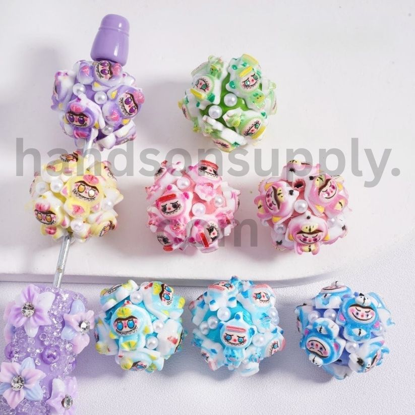 Labubu Monster Faces Pop Mar with White Pearl Accents, Clay Beads Multi-Color 20mm