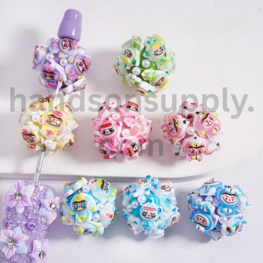 Labubu Monster Faces Pop Mar with White Pearl Accents, Clay Beads Multi-Color 20mm