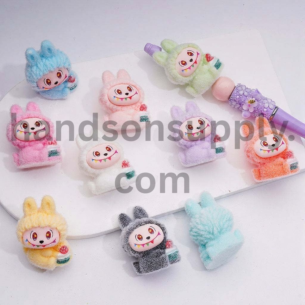 Cute Flocked Sweet Fantasy Creature Holds Flower Pot Monster Doll Pendants Pen Topper Acrylic Beads Jewelry Accessories, 39*28MM, Random Mix