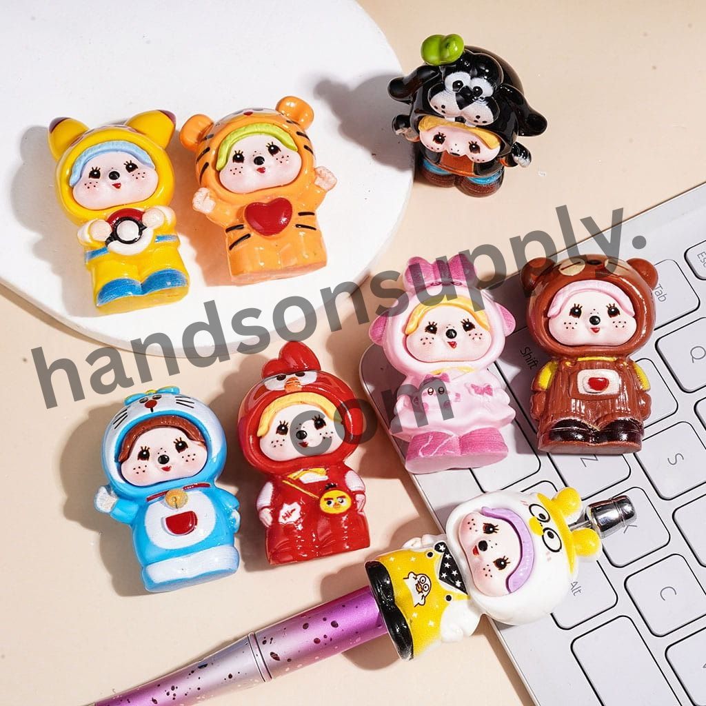 Cute Monkey Doll Character Series in Diverse Animal Fantasy Costume, Acrylic Figurine for Beads & Pen Topper, Jewelry Accessories, Multi-Color, Random Mix