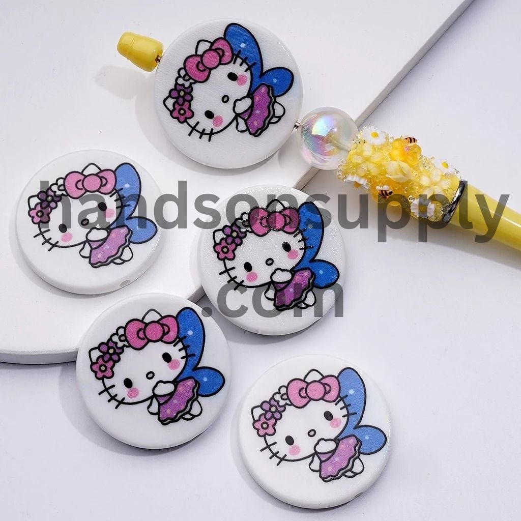 Round Flat Cute Cat Character with Blue Wings Ice Cream Drives a Car Unicorn Adorable Character Acrylic Beads, Around 38MM