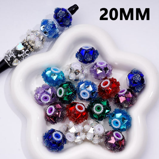 Shiny Diamond Rhinestones Glitter Flowers White Pearls Loop Acrylic Beads, Multi-Color, 20MM, Random Mix