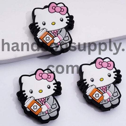 Adorable Cute Character Cat Nurse Holds a Medicine Bottle Silicone Focal Beads