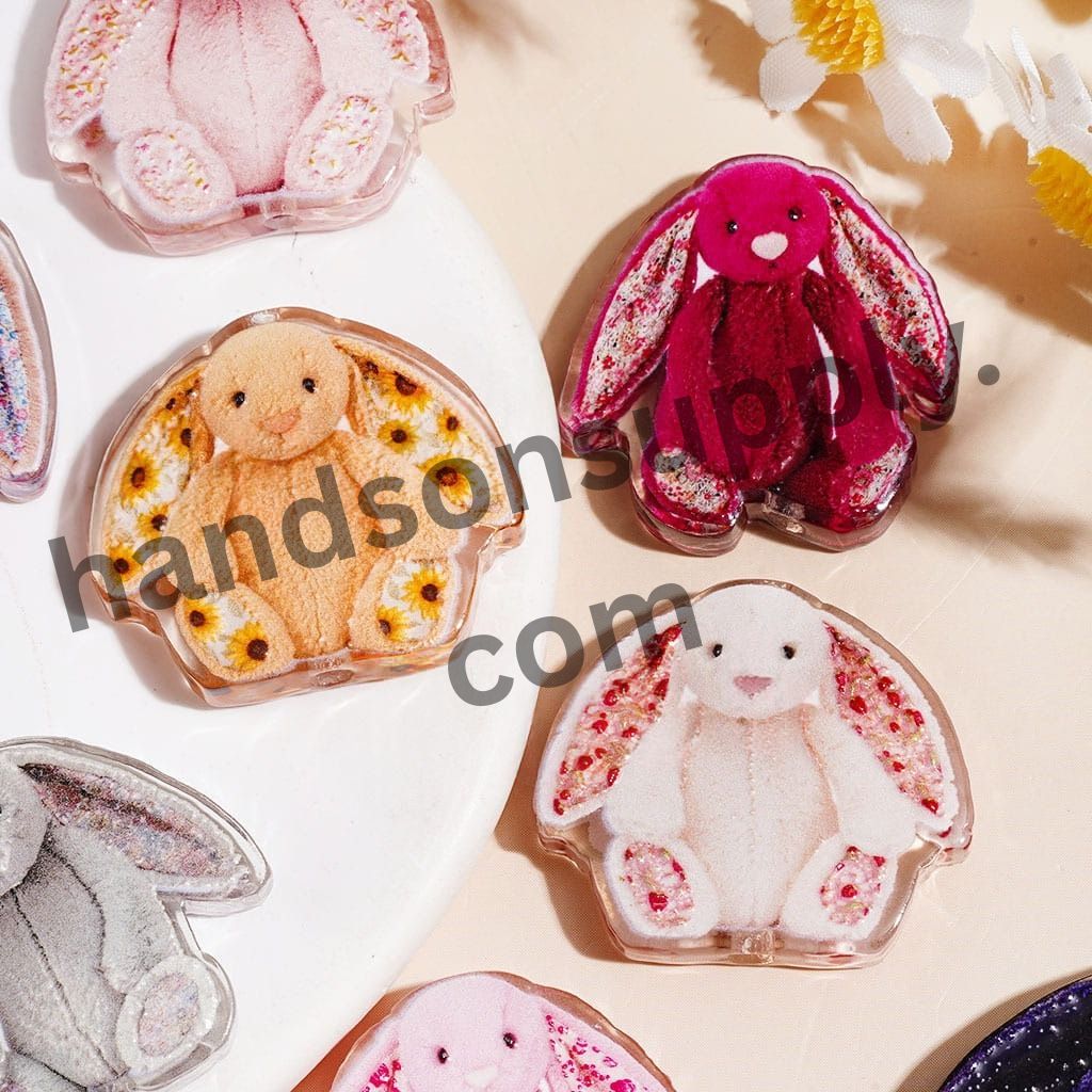 Cute Long-Eared Bunny Girl Acrylic Beads with Flower Details, Semi-Clear Finish, Assorted Colors, Random Mix