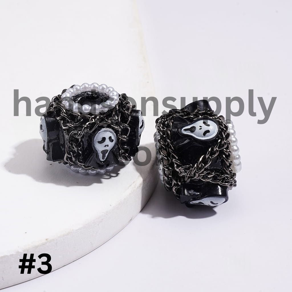 Spooky Horror Characters with Gun Black Metal Chains & White Pearl Loop Assorted shapes Halloween Theme Handcrafted Clay Beads