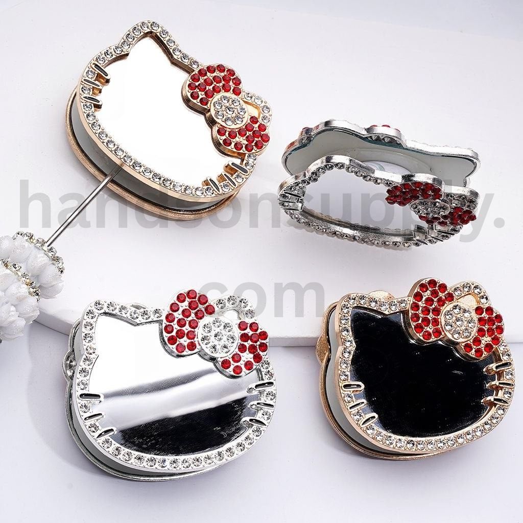 Fancy Gold Silver Hello Kitty Inspired Mirror with Rhinestones & Pearls Clay Beads, Around 55*49MM