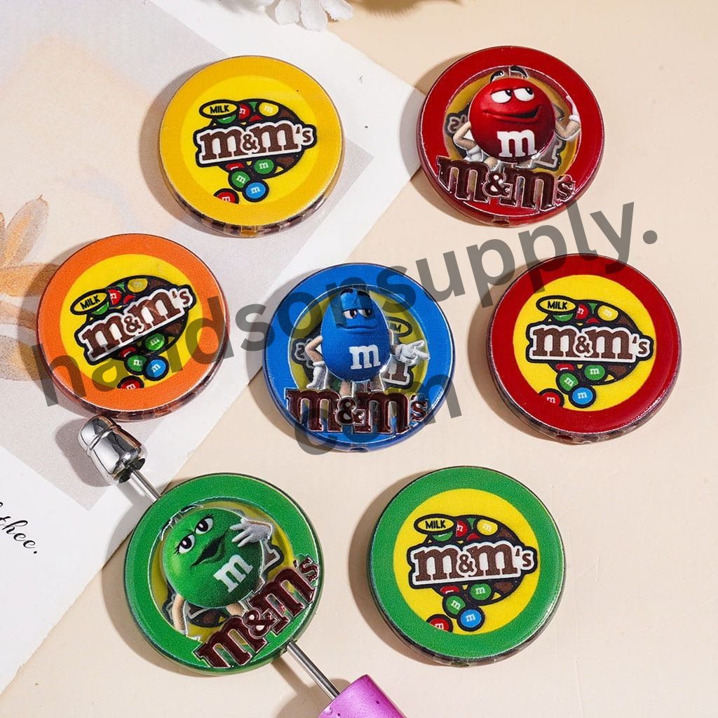 Colorful Candy Chip Character Style with Various Face Expressions Flat Back Round Acrylic Beads, 31MM Random Mix