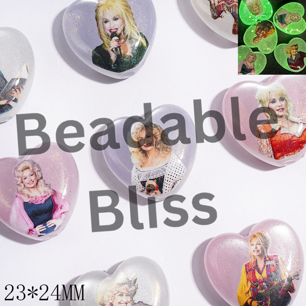 Luminous Acrylic Beads Heart with American Countryside Singer Characters and Glitter, 23*24MM Multi-Color Random Mix