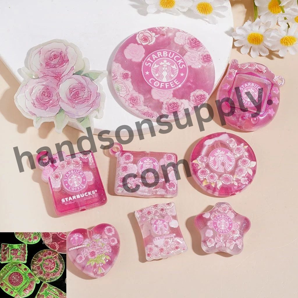 Luminous Charming Pink Coffee & Floral Design Series Acrylic Beads and Pendants, Random Mix