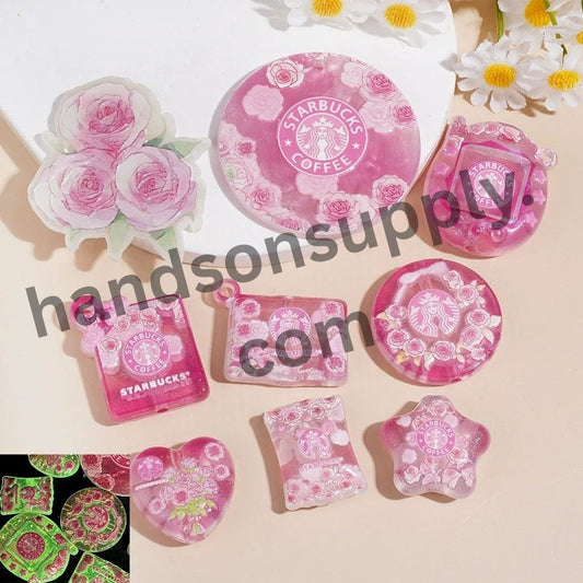 Luminous Charming Pink Coffee & Floral Design Series Acrylic Beads and Pendants, Random Mix