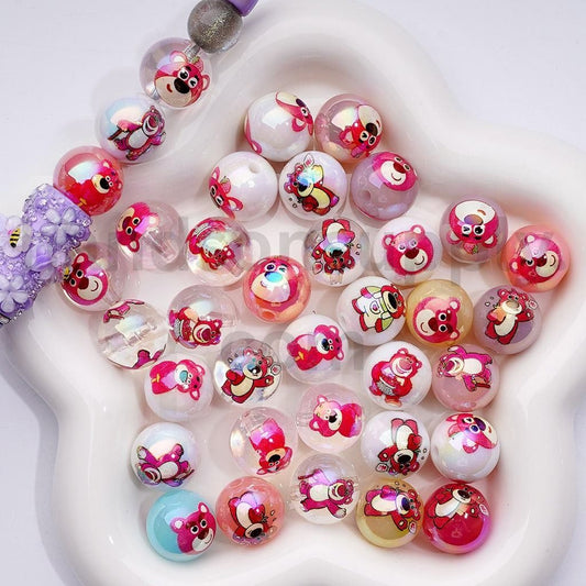 UV Coated Pink Bear Design Clear White Jelly Color Acrylic Beads 16MM