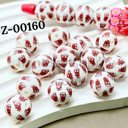 Cute Café Theme Coffee Cup Round Printed Silicone Beads 15mm, Number Z-00160