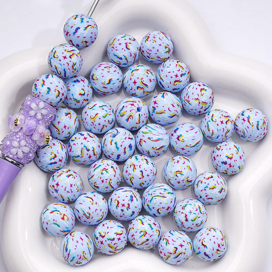 Unicorn, Star & Moon Print Mini Blue Silicone Beads 15mm