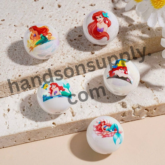 UV-Coated White Pearl Red-Hair Mermaid Princess Cartoon Character Print Round Acrylic Beads for Bracelets, 16MM, Random Mix