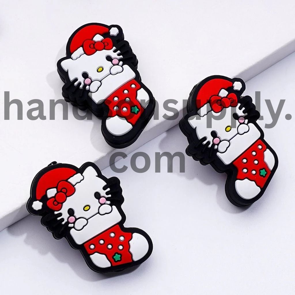 Adorable Cute Cat Character with Red Christmas Hat Sits in a Red Christmas Sock Silicone Focal Beads