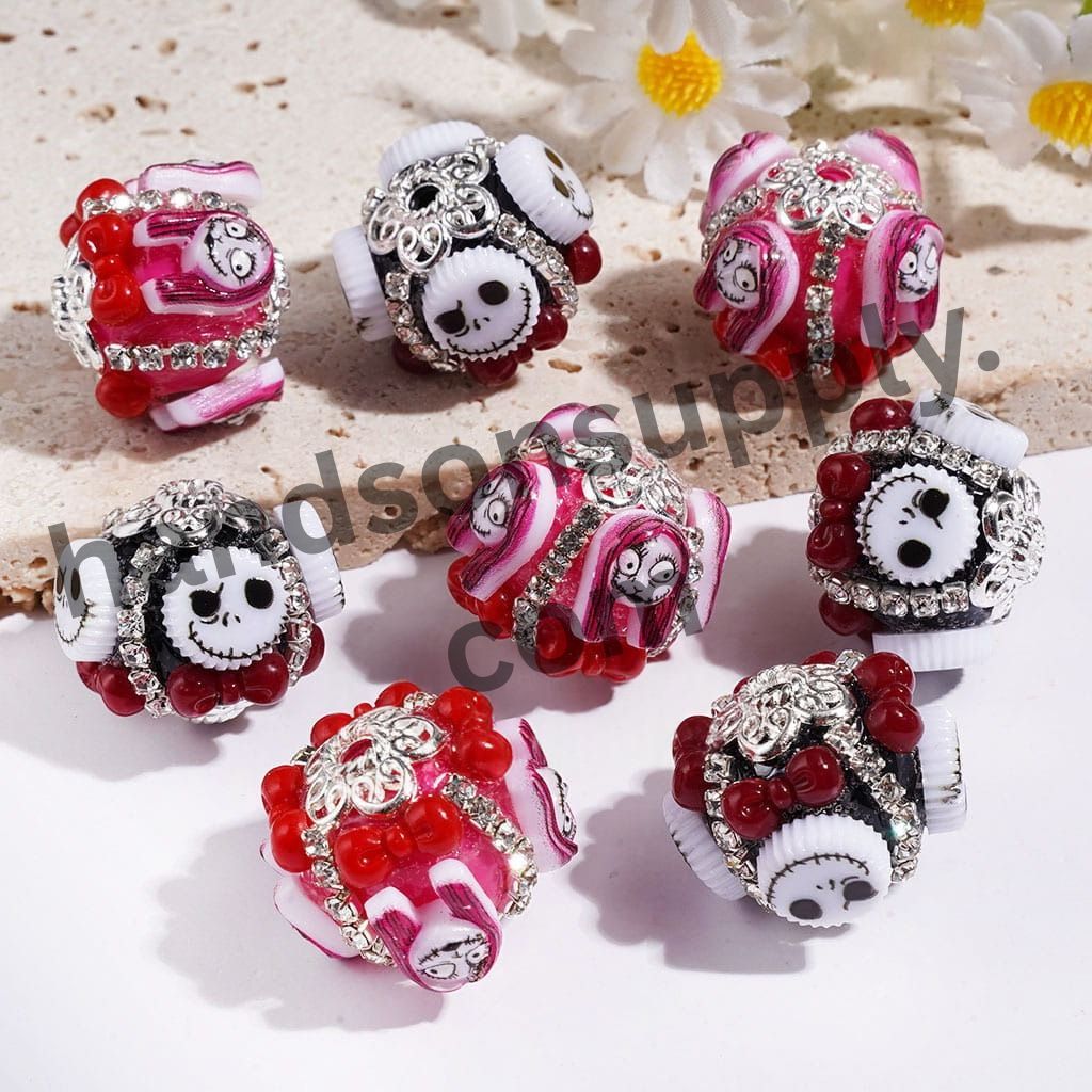Halloween Nightmare Skull Skeleton Couple Character with Bowtie and Clear Rhinestone Chains, Handcrafted Acrylic Beads, 20MM Random Mix