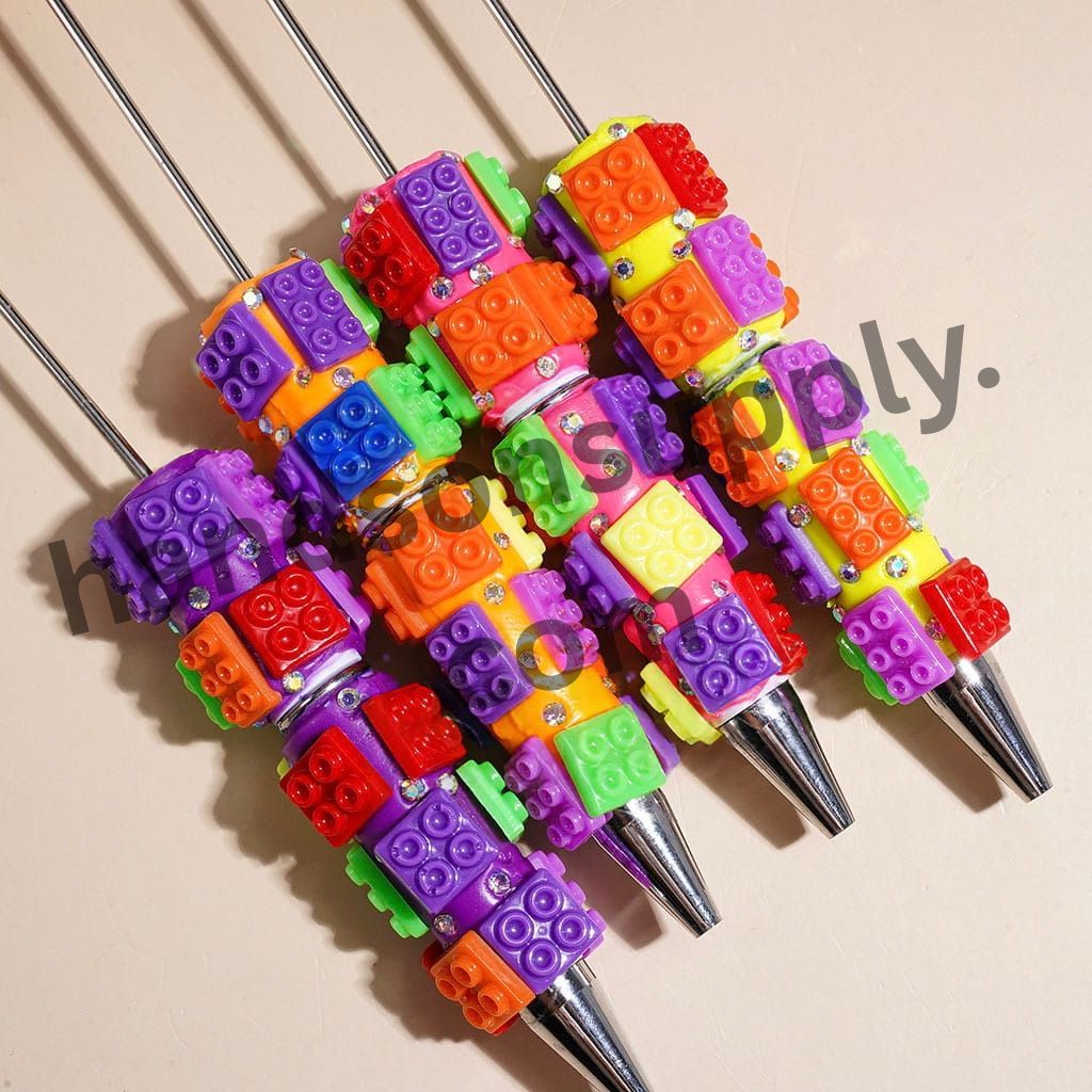 Colorful Building Block Bricks Piece Theme Beadable Clay Pens with AB Rhinestones, None Color