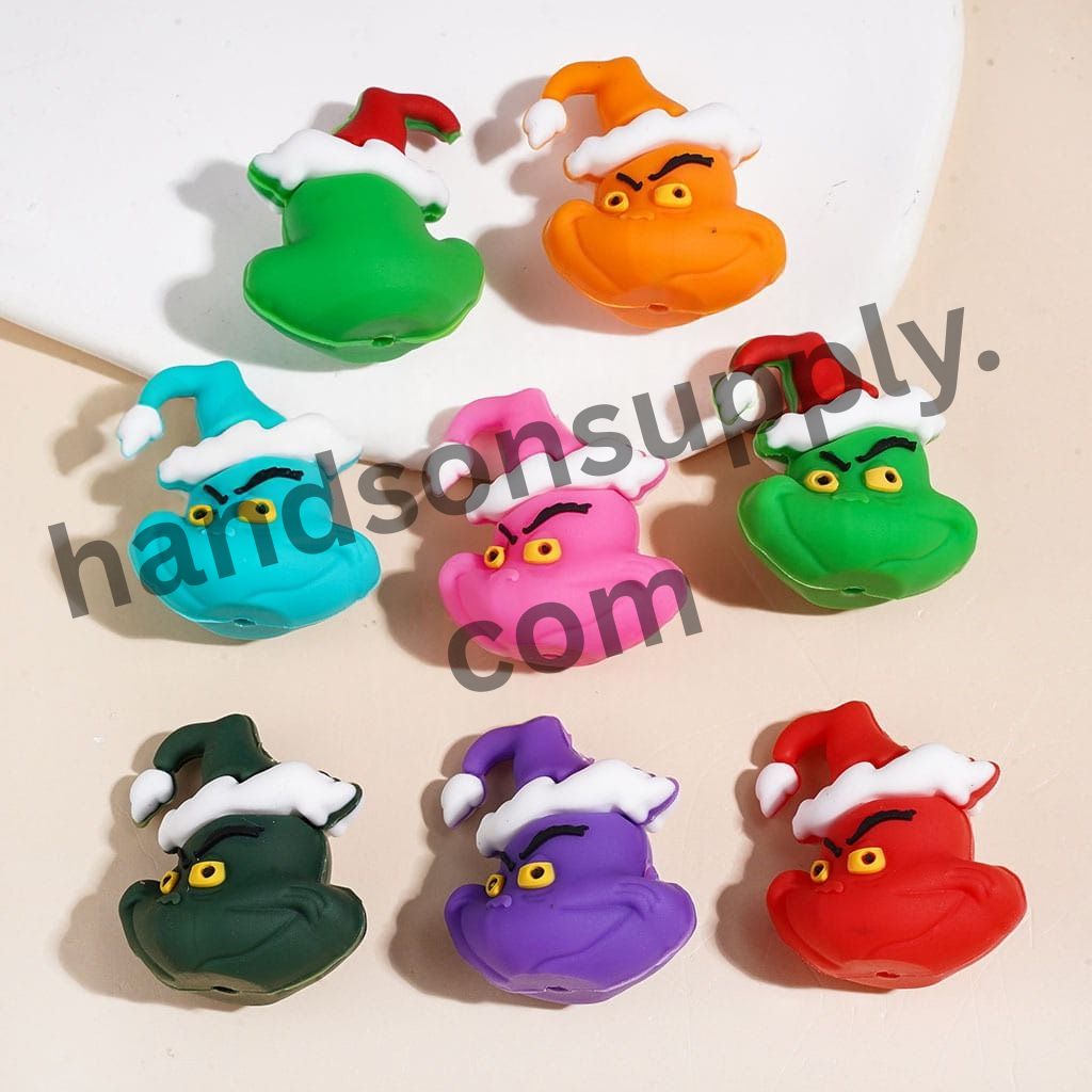 3D Cute Green Grinch Christmas Character with Santa Hat, Silicone Focal Beads Multi-Color Random Mix