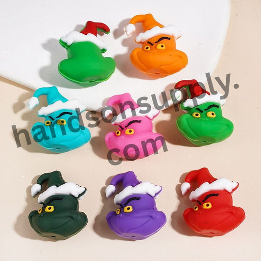 3D Cute Green Grinch Christmas Character with Santa Hat, Silicone Focal Beads Multi-Color Random Mix