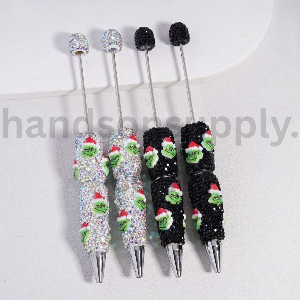 Cute Green Monster Christmas Hat AB & Black Rhinestone Beadable Clay Pen