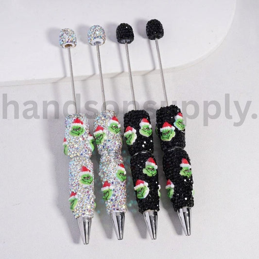 Cute Green Monster Christmas Hat AB & Black Rhinestone Beadable Clay Pen