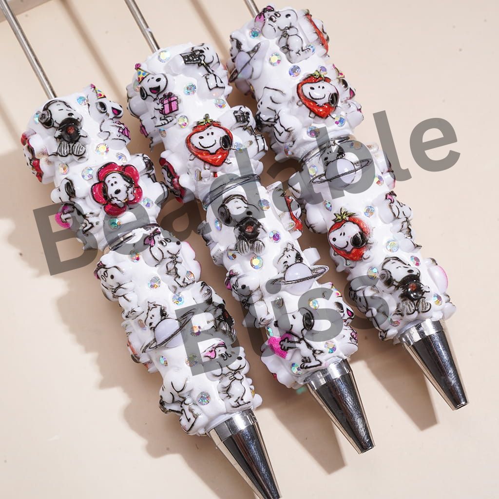 Beadable Clay Pens w Beagle Dog Print, AB Rhinestone Detail, White Base