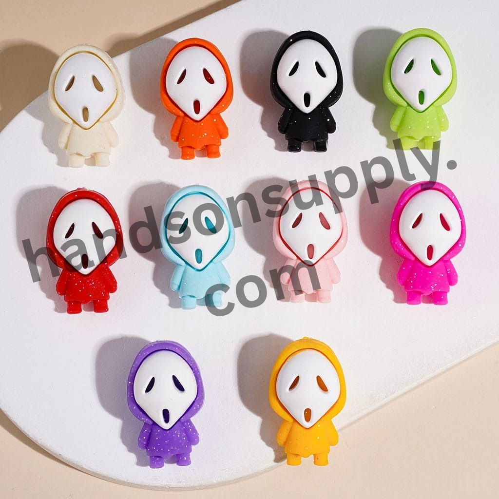 3D White Horror Mask Ghost Character Silicone Focal Beads with Silver Glitter Cloak, Halloween Theme, 30MM