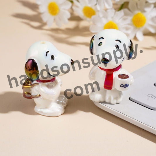 Cute Beagle Dog Coffee & Donut Theme Printed Acrylic Beads, Assorted Shapes, Random Mix
